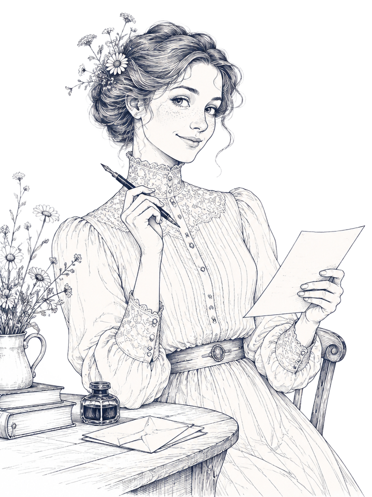 Elsie, an Edwardian letter-writer drawn in pen and ink, holding a dip pen and a letter